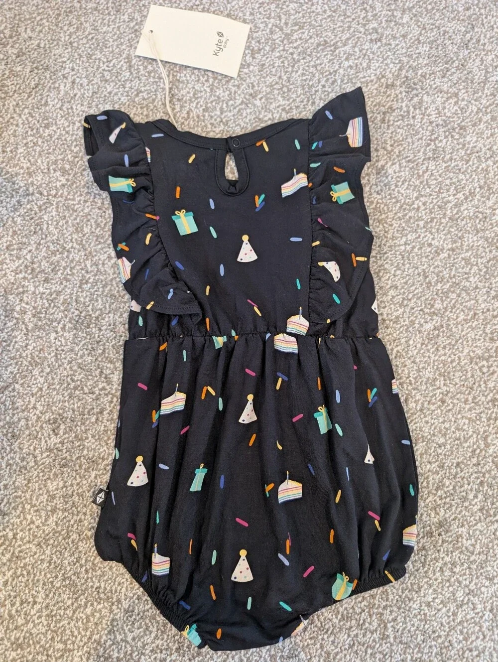 Kyte BABY Birthday Black Ruffle Bubble Bamboo Romper 12-18 Months